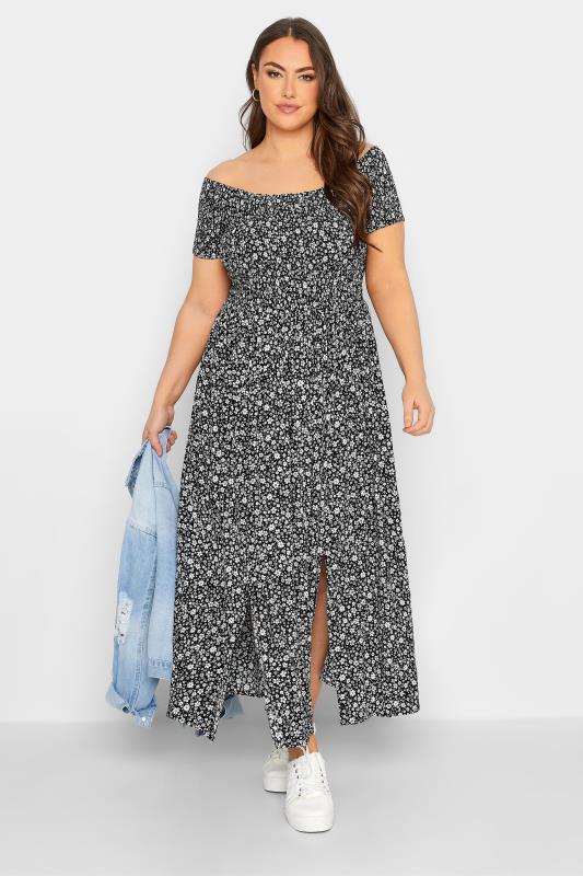  Grande Taille YOURS Curve Black Floral Shirred Bardot Maxi Dress
