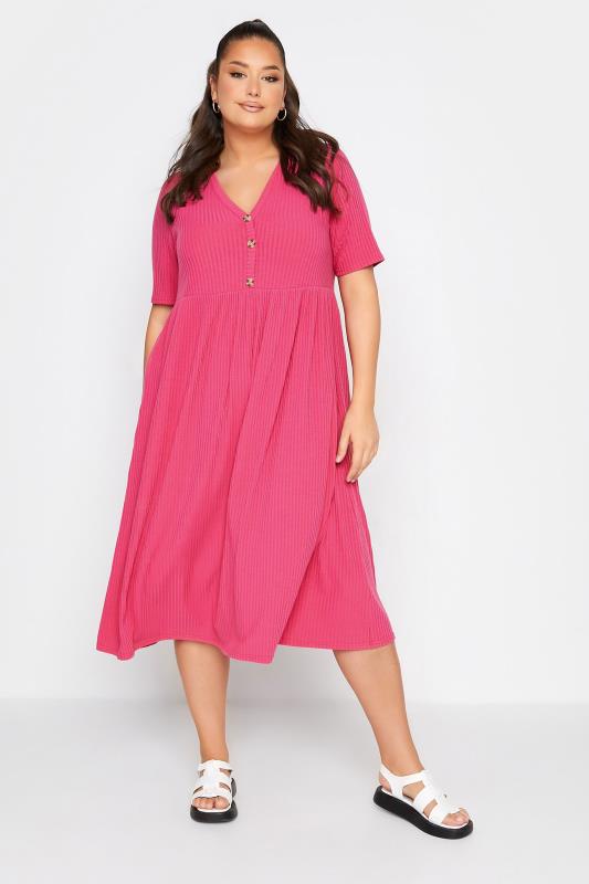 LIMITED COLLECTION Curve Hot Pink Ribbed Peplum Midi Dress 2