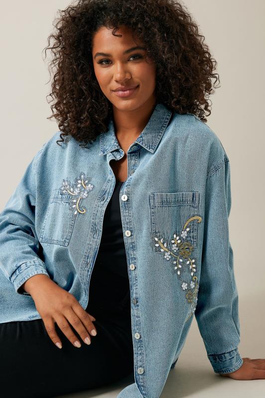 EVANS Plus Size Blue Denim Sequin Embellished Shirt | Evans 5