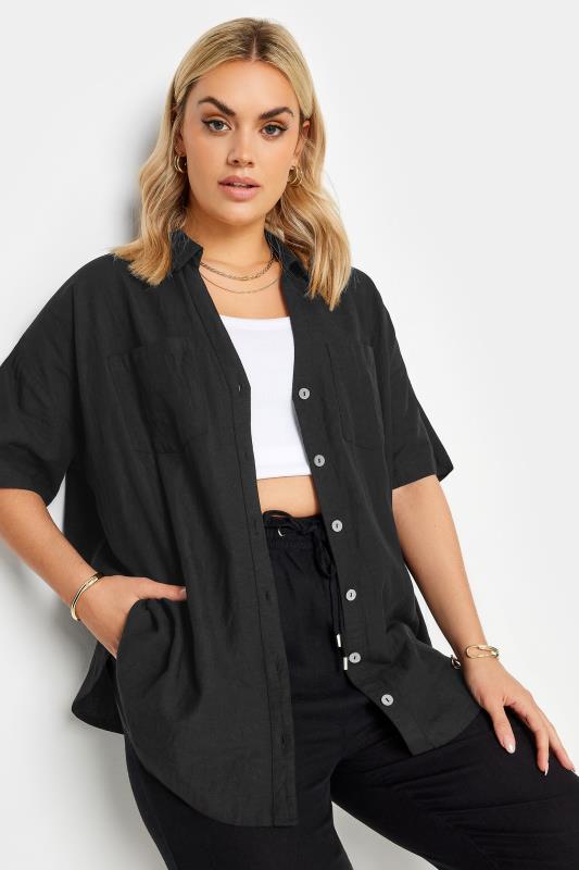 YOURS Plus Size Black Utility Linen Shirt | Yours Clothing 1