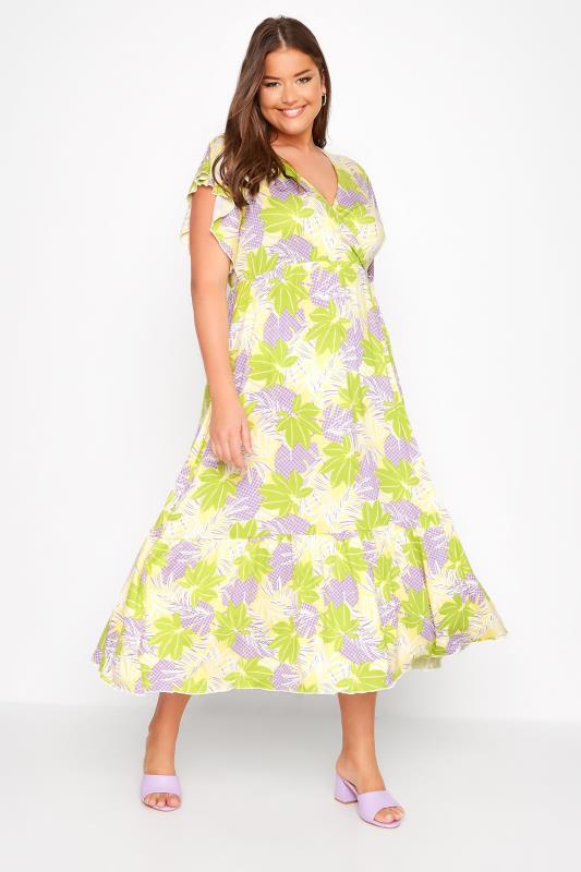 Plus Size  Curve Yellow Leaf Print Tiered Maxi Dress