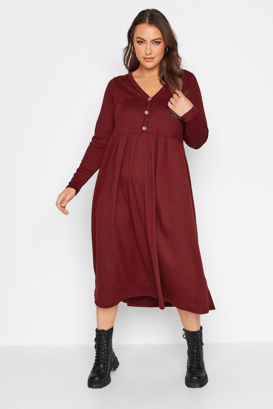 LIMITED COLLECTION Curve Wine Red Ribbed Midaxi Dress 1