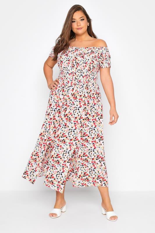  Grande Taille Curve Red Floral Bardot Maxi Dress