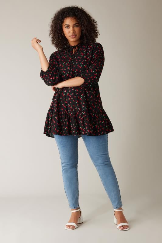 EVANS Plus Size Black Cherry Print Frill Hem Tunic Top | Evans 2