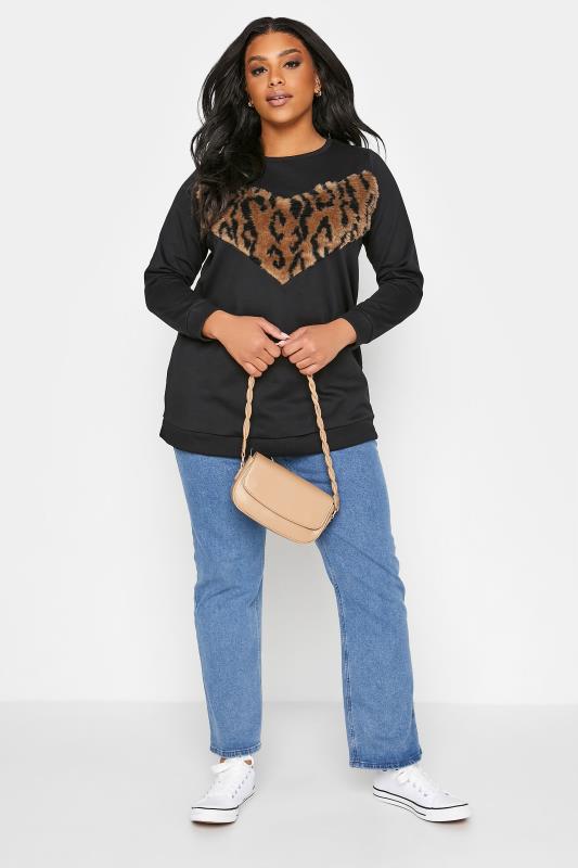 Plus Size Black Leopard Print Faux Fur Panel Sweatshirt | Yours Clothing  2