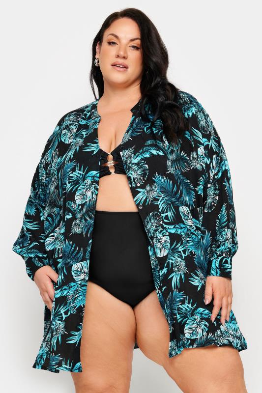 YOURS Plus Size Black Tropical Print Crinkle Beach Shirt | Yours Clothing 1