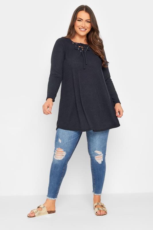 Plus Size Navy Blue Ribbed Lace Up Swing Top | Yours Clothing  2