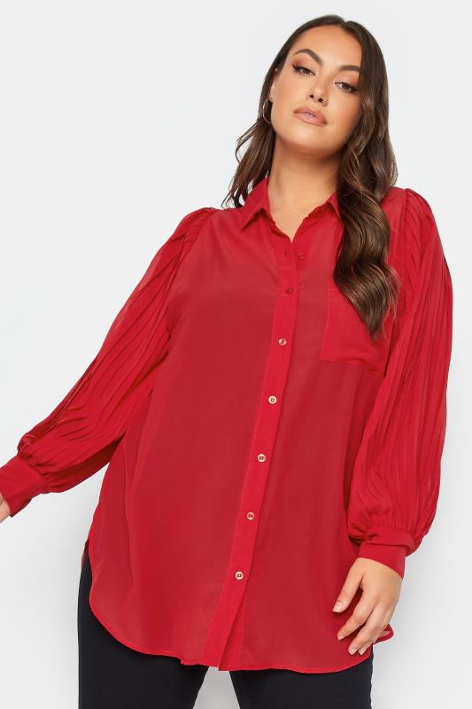 YOURS LONDON Plus Size Red Pleat Sleeve Shirt | Yours Clothing 1