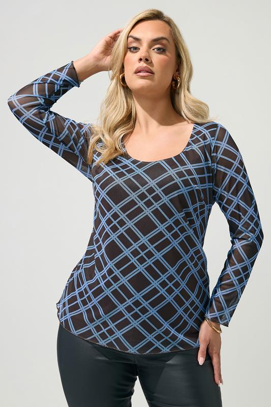 YOURS LONDON Plus Size Brown & Blue Check Top | Yours Clothing 1