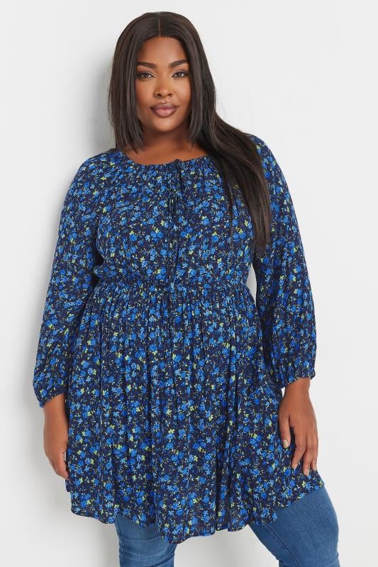 Plus Size  YOURS Curve Navy Blue Floral Crinkle Tie Neck Blouse