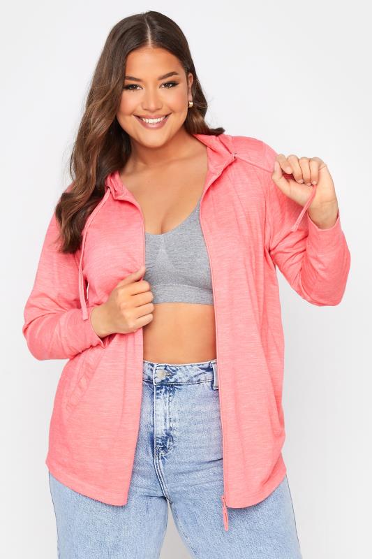 Plus Size Coral Pink Marl Zip Hoodie | Yours Clothing  3