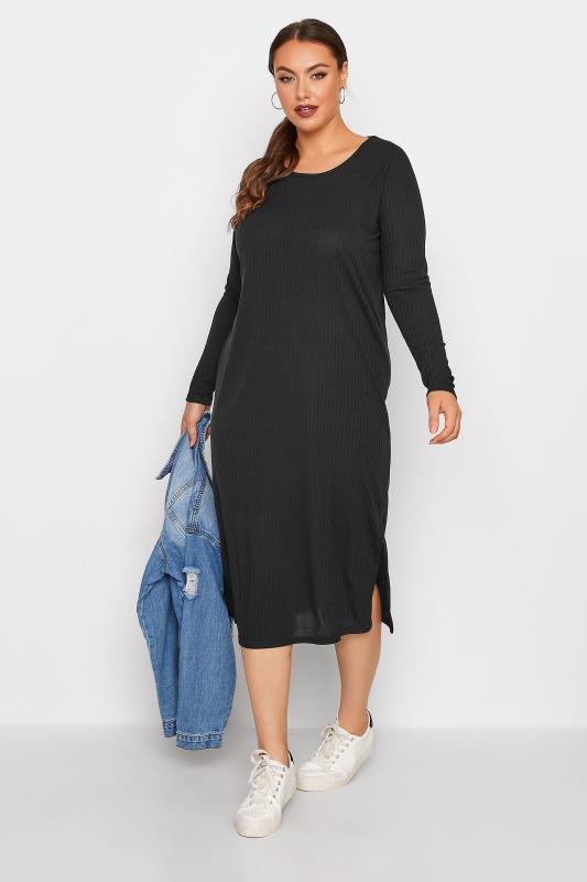 LIMITED COLLECTION Plus Size Black Ribbed Midi Dress | Yours Clothing  1