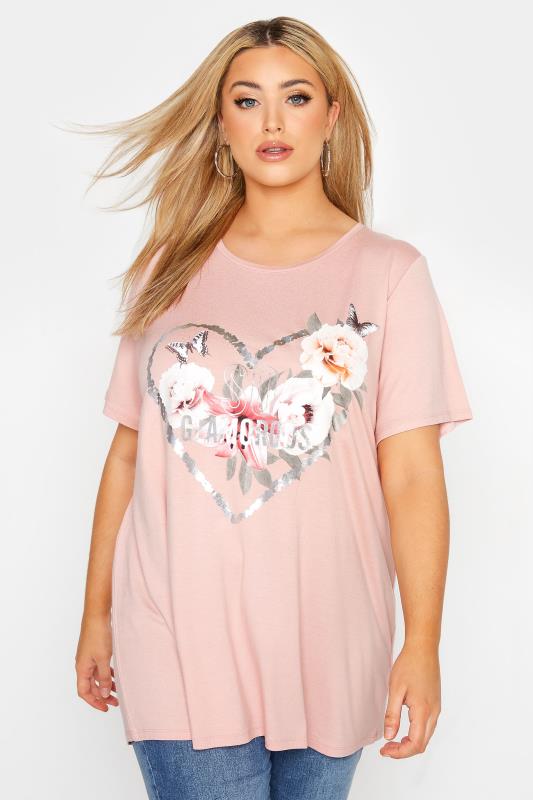 Plus Size  Curve Pink Floral 'So Glamorous' Slogan T-Shirt