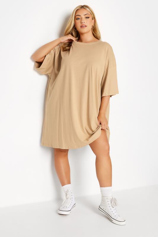 Plus Size  Curve Beige Brown Oversized Tunic T-Shirt