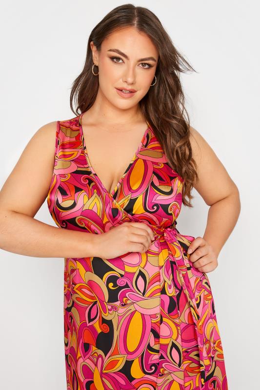 YOURS LONDON Curve Hot Pink Abstract Print Satin Wrap Dress 4