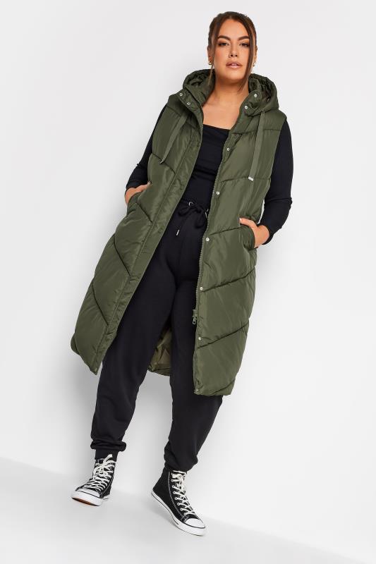 Plus Size  YOURS Curve Green Quilted Longline Hooded Gilet