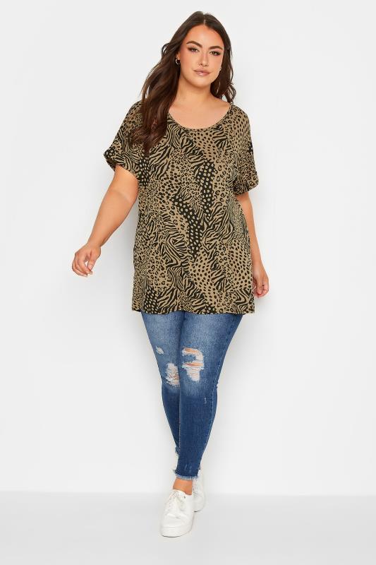 YOURS Plus Size Brown Animal Print Dipped Hem T-Shirt | Yours Clothing 2