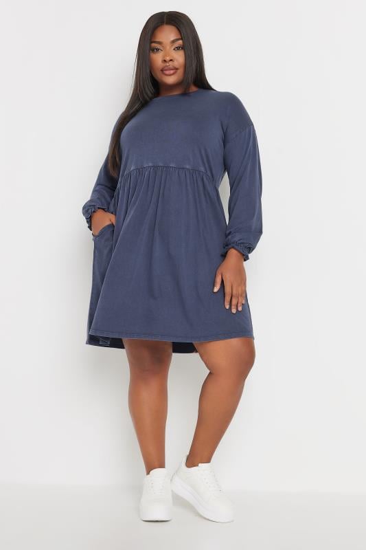 YOURS Plus Size Blue Acid Wash Frill Sleeve Midi Dress | Yours Clothing 2