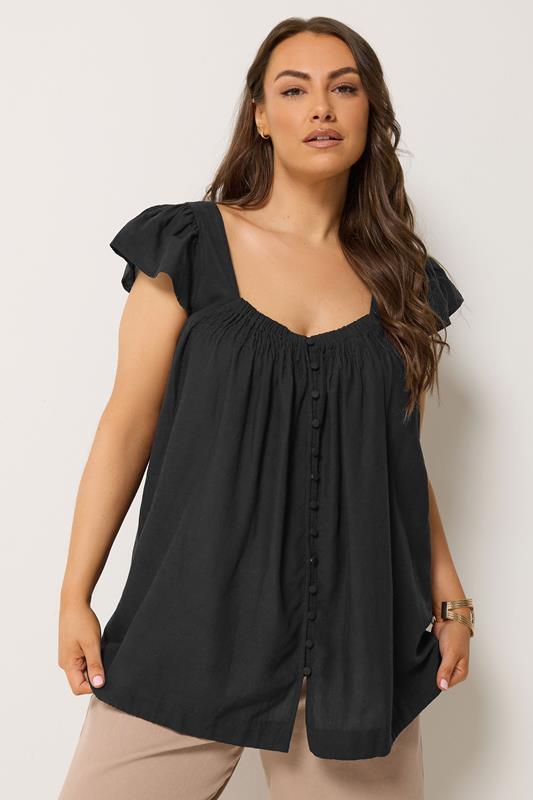 YOURS Plus Size Black Linen Cap Sleeve Top | Yours Clothing 1
