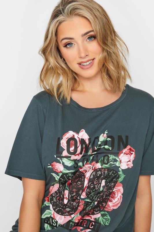 YOURS Plus Size Grey Acid Wash 'London' Rose Print T-Shirt | Yours Clothing 4