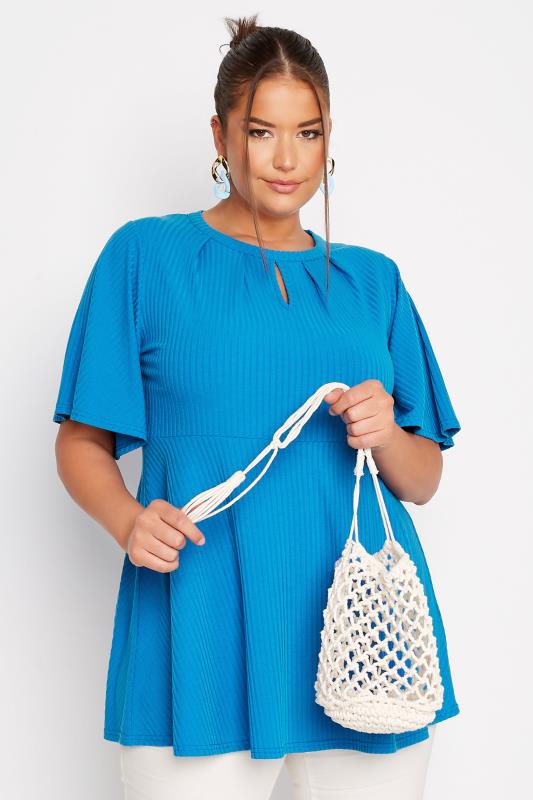 Plus Size  LIMITED COLLECTION Curve Blue Keyhole Ribbed Peplum Top