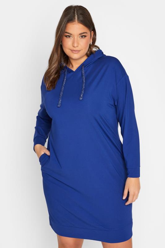 YOURS Plus Size Curve Cobalt Blue Pocket Hoodie Dress | Yours Clothing 1
