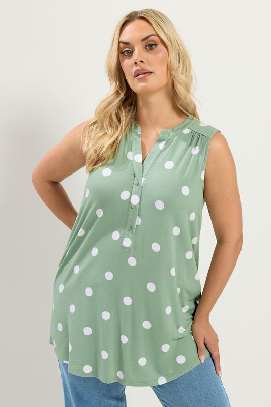 YOURS Plus Size Green Polka Dot Sleeveless Swing Blouse | Yours Clothing 1