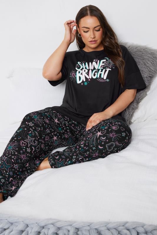  Grande Taille YOURS Curve Black 'Shine Bright' Wide Leg Pyjama Set