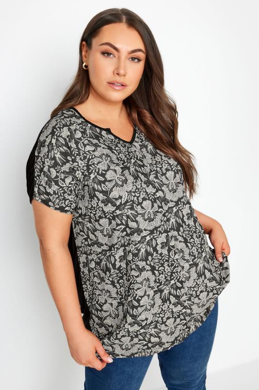 YOURS Plus Size Black Floral Print T-Shirt | Yours Clothing 1