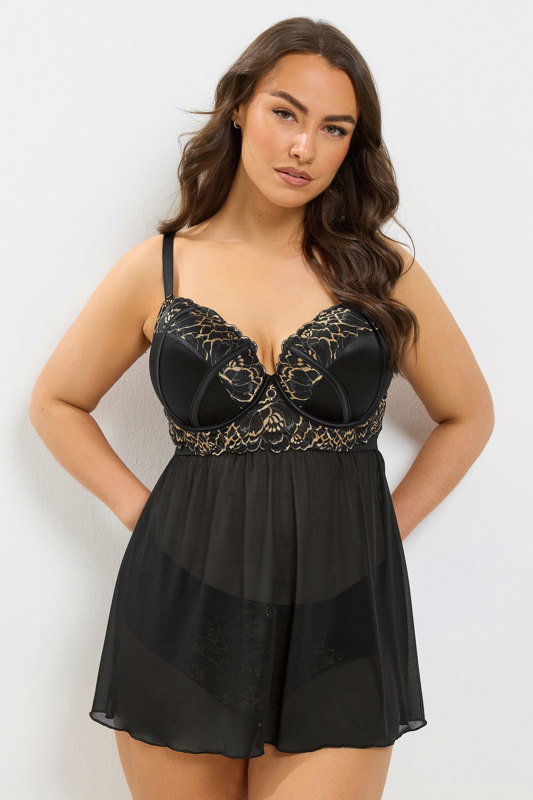 YOURS Plus Size Black & Gold Lace Babydoll