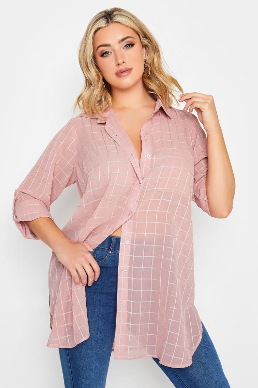 YOURS LONDON Plus Size Pink Check Chiffon Shirt | Yours Clothing 1