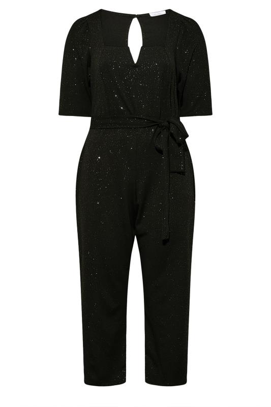 YOURS LONDON Plus Size Black Glitter Notch Neck Tie Waist Jumpsuit | Yours Clothing 6