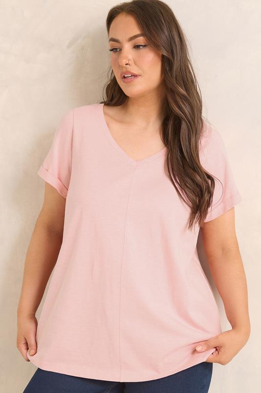 EVANS Plus Size Blush Pink V-Neck Cotton T-Shirt | Evans 1
