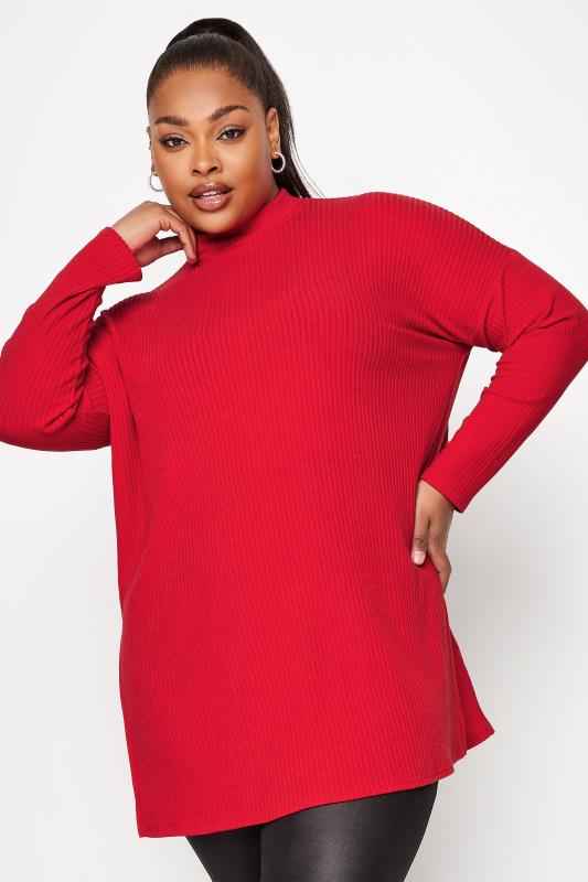 YOURS Plus Size Red Ribbed Turtle Neck Top | Yours Clothing 1