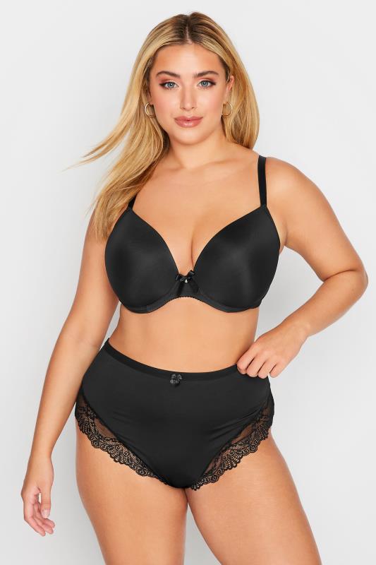 Plus Size Black Super Soft Lace Panel High Waisted Knickers | Yours Clothing 2