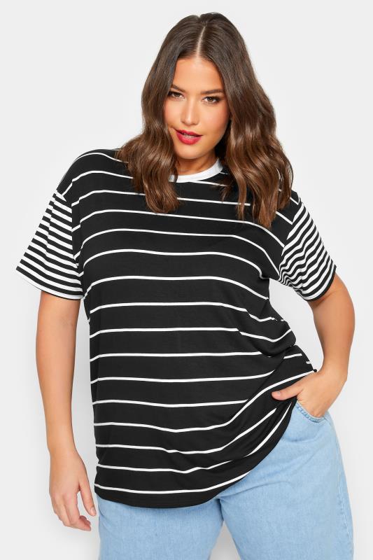 LIMITED COLLECTION Plus Size Black Mixed Stripe Print T-Shirt | Yours Clothing 1