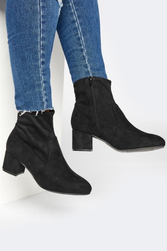Black Faux Suede Stretch Block Heeled Sock Boots In Wide E Fit & Extra Wide EEE Fit | Yours Clothing 1