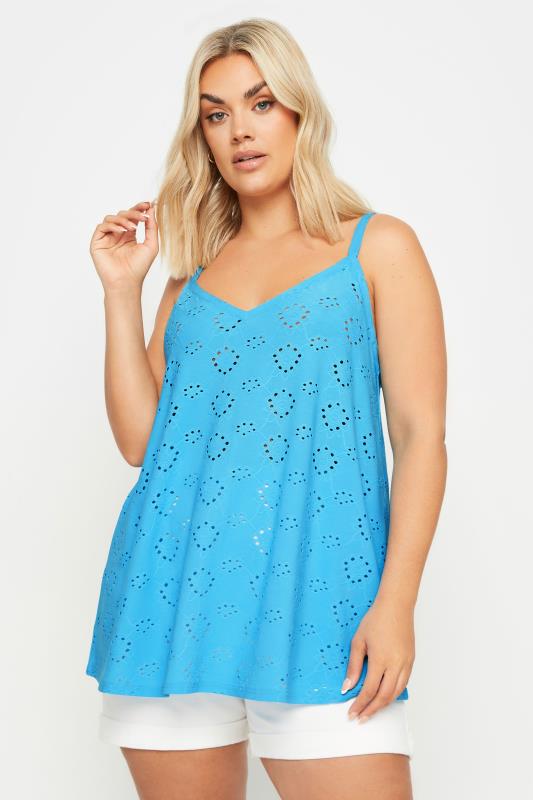 YOURS Plus Size Blue Broderie Anglaise Swing Cami Top | Yours Clothing 1