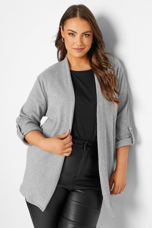 Plus Size  YOURS Curve Grey Ribbed Roll Tab Cardigan