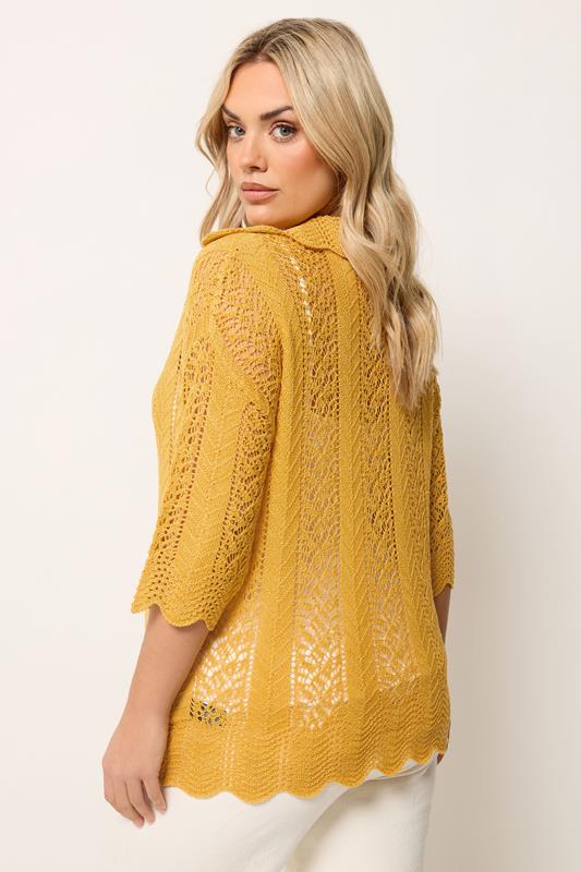 YOURS Plus Size Mustard Yellow Pointelle Knitted T-Shirt | Yours Clothing 2