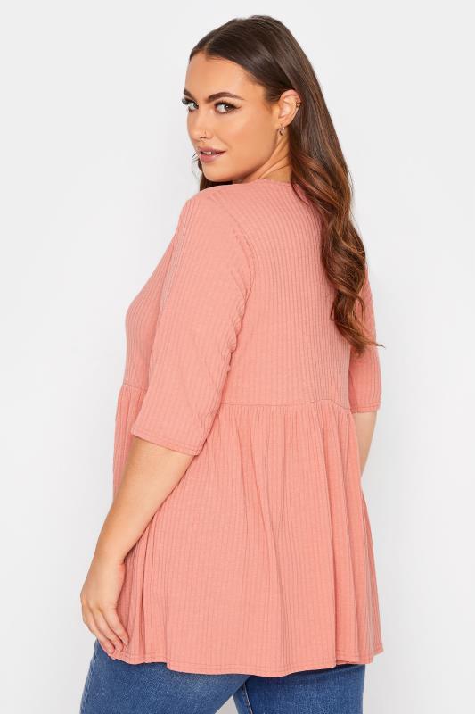 LIMITED COLLECTION Plus Size Coral Pink Ribbed Smock Top | Yours Clothing 3
