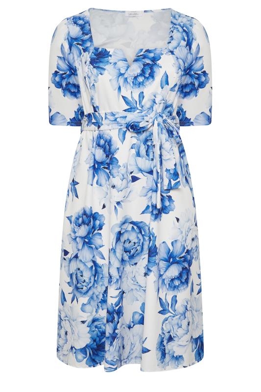 YOURS LONDON Curve Plus Size White & Blue Notch Neck Floral Dress | Yours Clothing 6