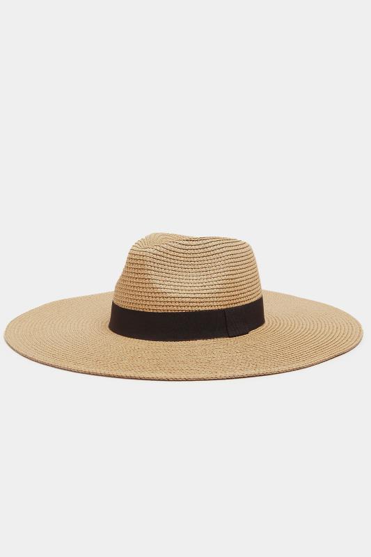 Beige Brown Wide Brim Straw Fedora Hat | Yours Clothing  1