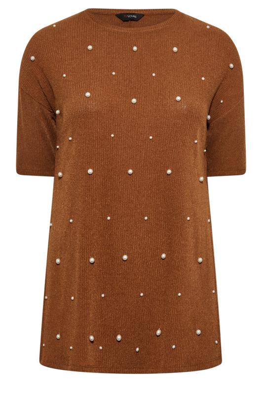 Curve Plus Size Brown Pearl Embellished Split Hem Knit Top | Yours Clothing 6