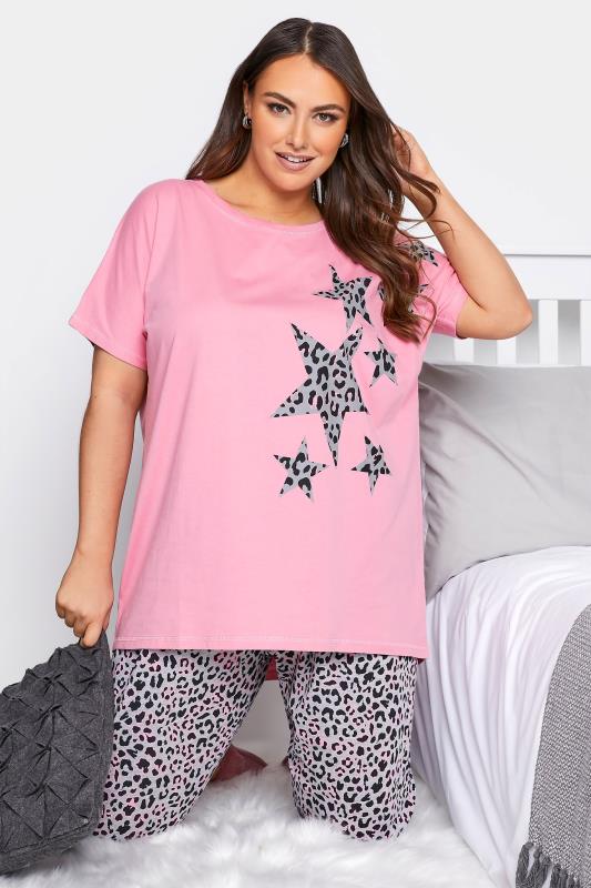 Plus Size Pink Leopard Print Pyjama Set 