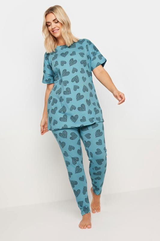 YOURS Plus Size Blue Cluster Heart Print Pyjama Set | Yours Clothing 2
