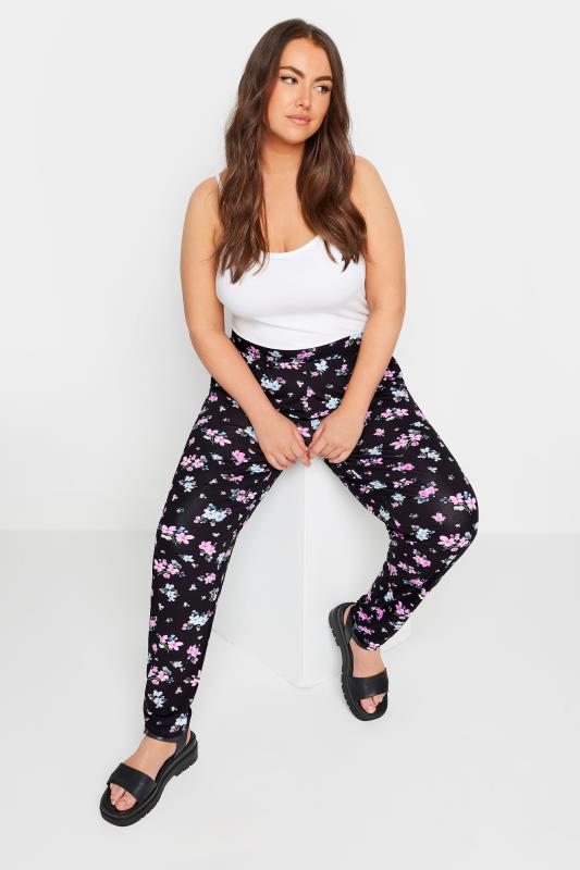 YOURS Plus Size Blue & Pink Floral Print Double Pleat Harem Trousers | Yours Clothing 2