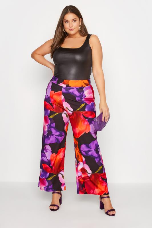 YOURS LONDON Plus Size Black Floral Stretch Wide Leg Trousers | Yours Clothing 2