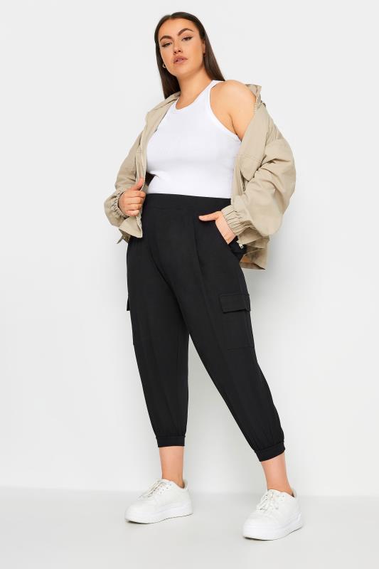 YOURS Plus Size Black Cropped Cargo Harem Trousers | Yours Clothing 2