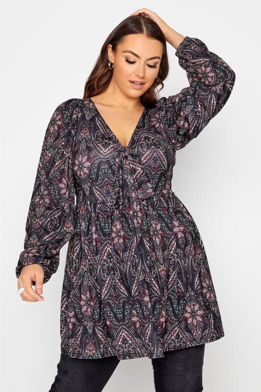 YOURS LONDON Curve Black Paisley Print Bow Front Tunic_A.jpg